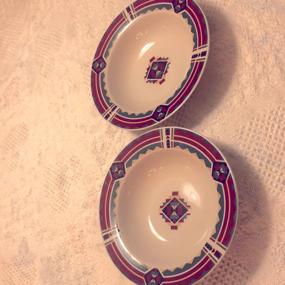 Two Tienshan Stoneware Southwestern Green, Brown and Cream Soup/Cereal B…